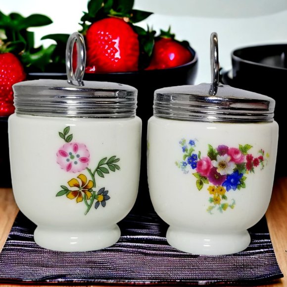 2-Royal Worcester Porcelain Egg Coddlers Vintage Floral Ramekin Cups with Lids